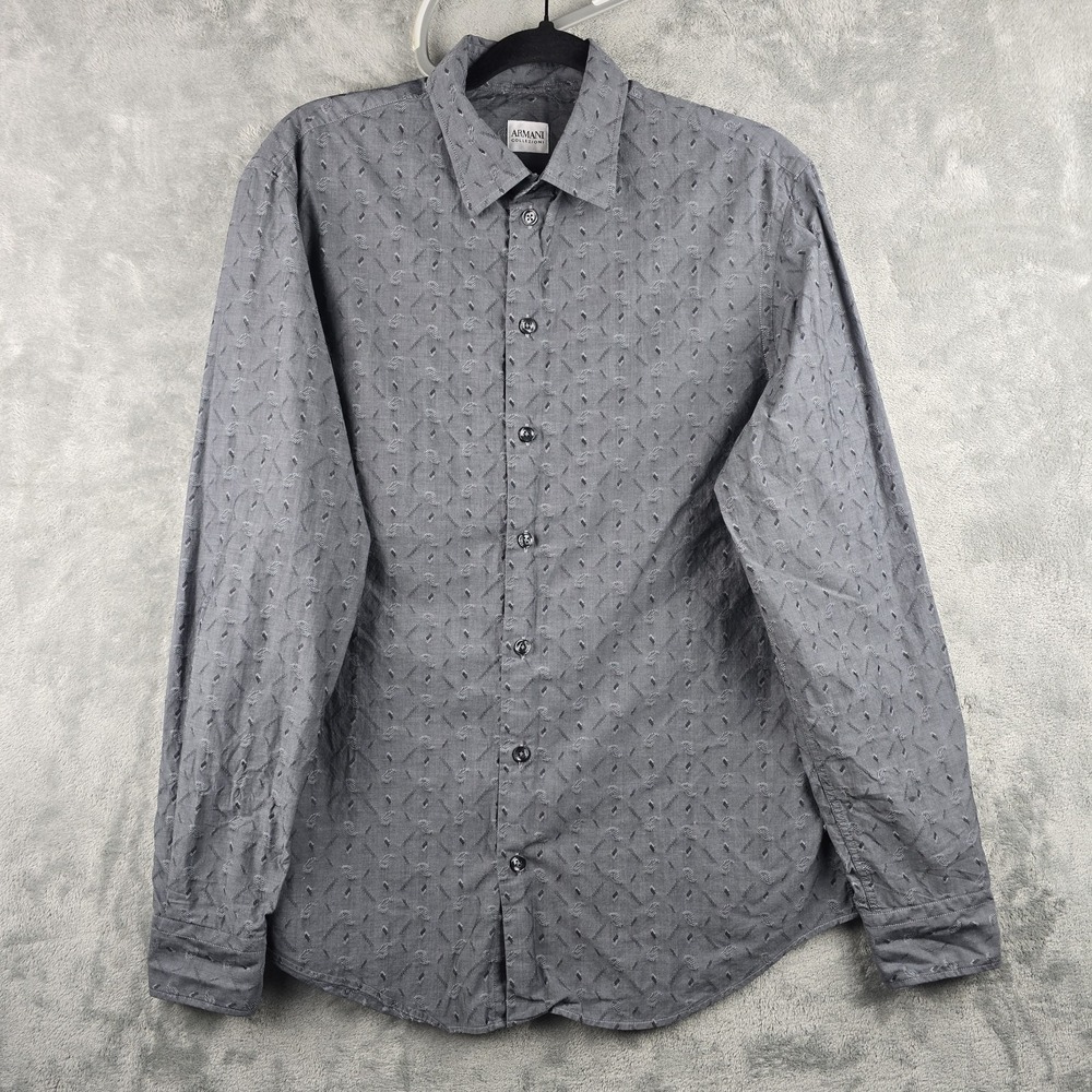 Armani Collezoni Button Shirt Mens Medium Grey Geometetric Long Sleeve Dress